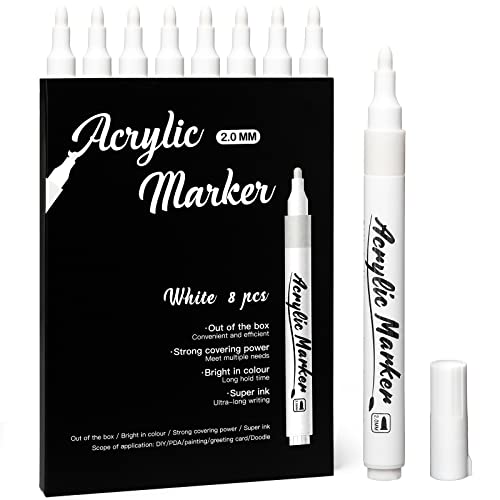 Mzh Art White Pen, 8 White Markers, Fine Tip, Acryl White Permanent Markers für schwarzes Papier, Skizzieren, Zeichnen, Holz,...