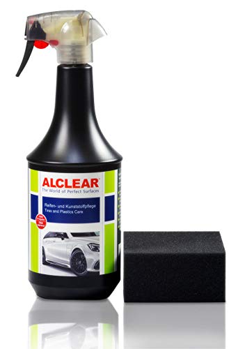 ALCLEAR 721RK Auto Reifenglanz Reifen-und Kunststoffpflege, Gummipflege, seidenmatt, 1.000 ml, mit Auftragsschwamm, schwarz